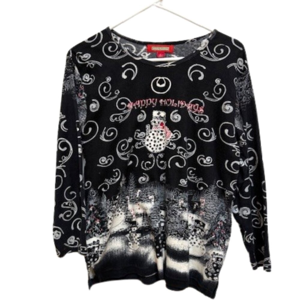 Holiday Traditions black, white and red Christmas sweater "Happy Holidays"